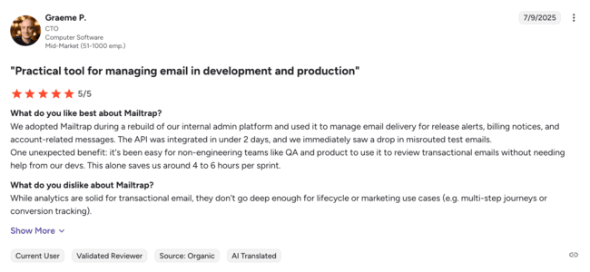 Testimonio de un usuario sobre cómo usan Mailtrap