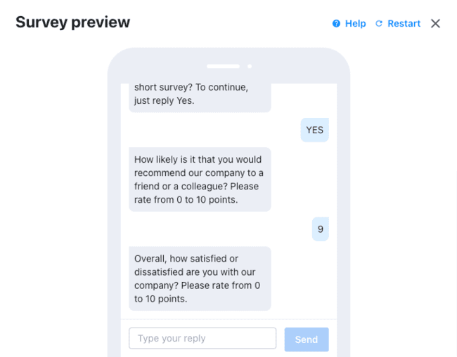 Textmagic customer feedback survey preview SMS text message automation workflow