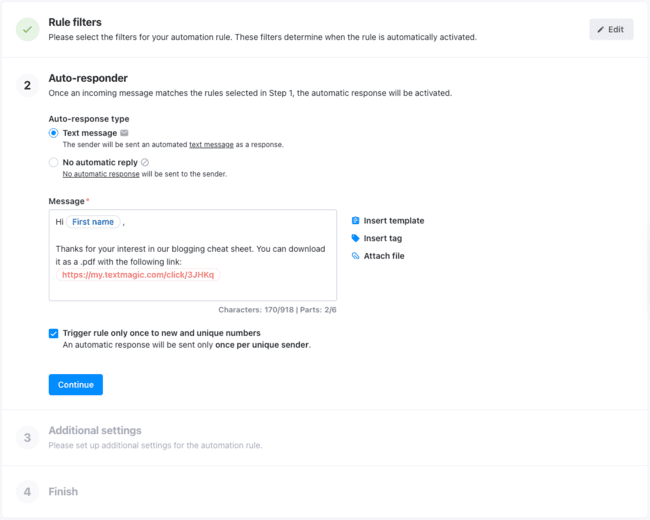 Textmagic review SMS text automation rule example