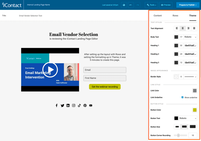Theme tab in iContact landing page builder