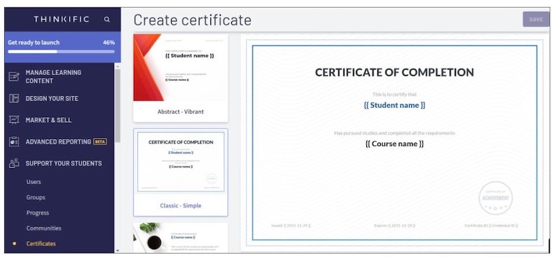 Thinkific automatically completes student and course details on completion certificates
