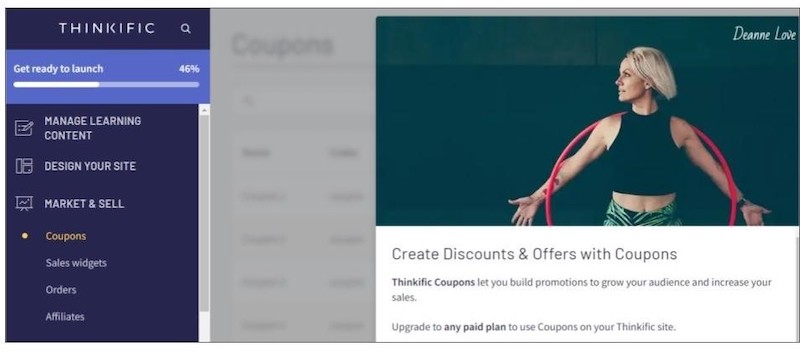 Thinkific marketing features include a tool for creating discount coupons