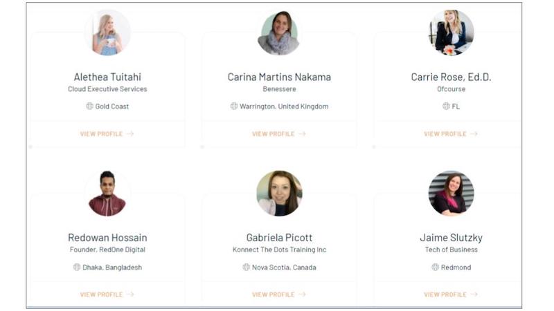 Profile listings of Thinkific Experts members