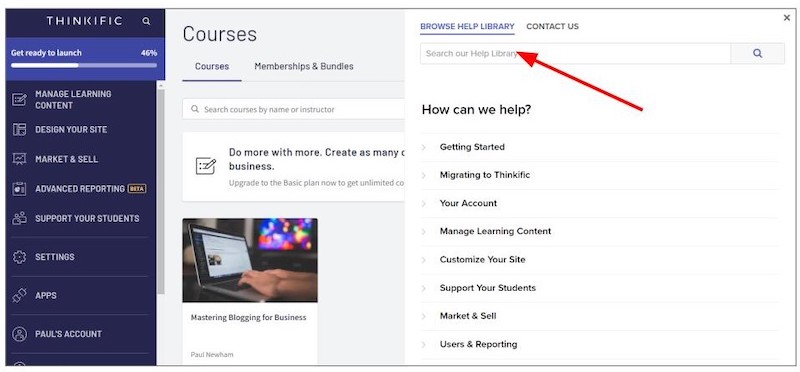 Thinkific Help Library Bar