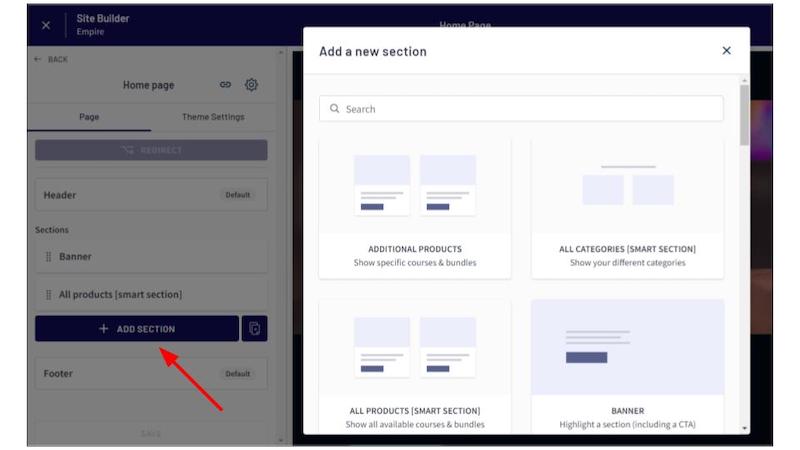 Adding new page sections in the Thinkific Site Builder