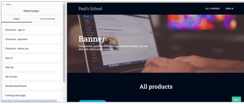 List of default pre-designed pages in the Thinkific Site Builder