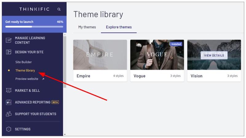 Thinkific’s Theme Library with three pre-designed templates for building an online course website.