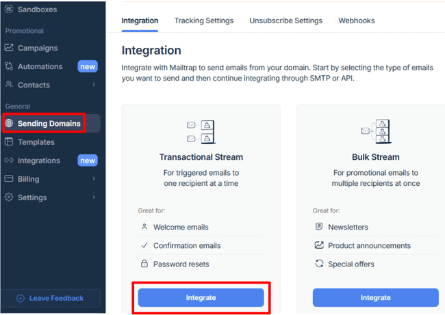 Transactional and bulk streams in Mailtrap