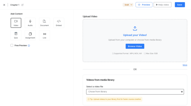 Uploading a video to a course chapter in FreshLearn