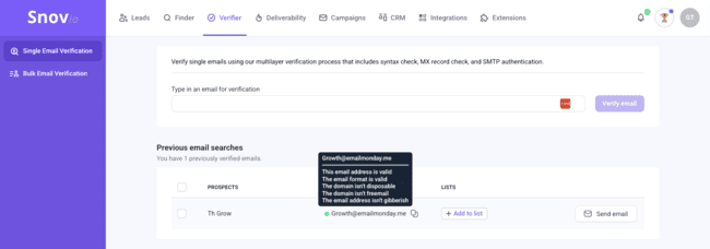 verificación de correo electrónico de Snov.io