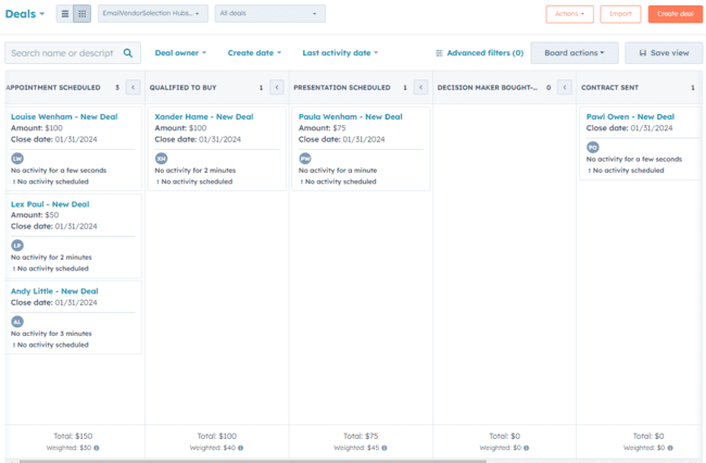 vista del tablero Kanban de Hubspot CRM de un embudo de ventas