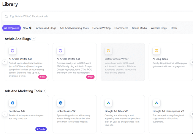 WriteSonic template library powerful ai writing tool