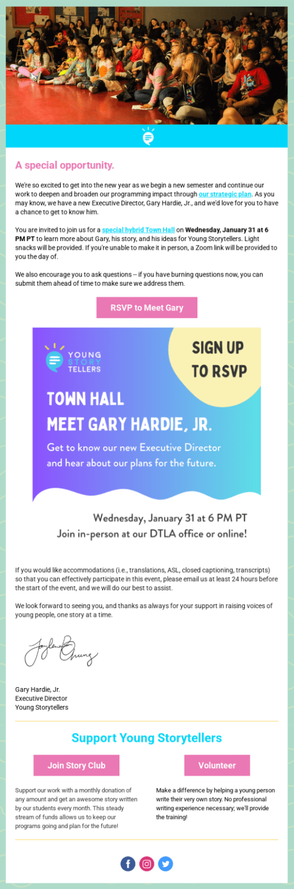 Young Storytellers nonprofit event email example