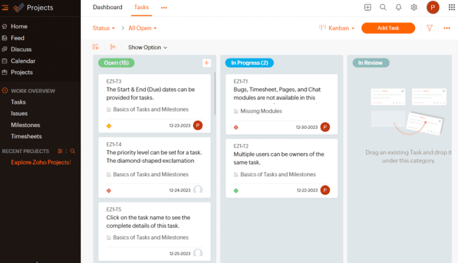 Zoho Projects kanban board