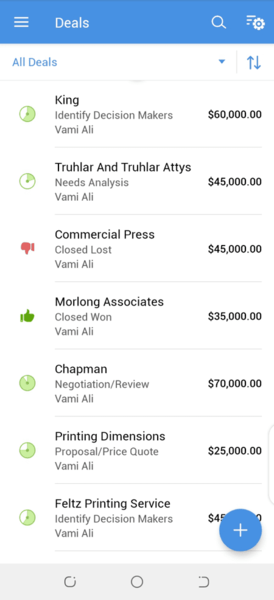 Zoho mobile crm deals page