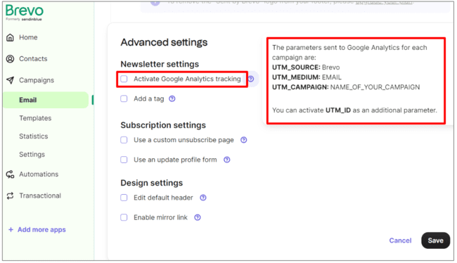 activar el seguimiento de Google analytics en Brevo