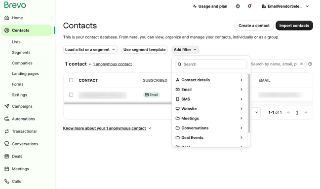 adding a filter for a segment in Brevo