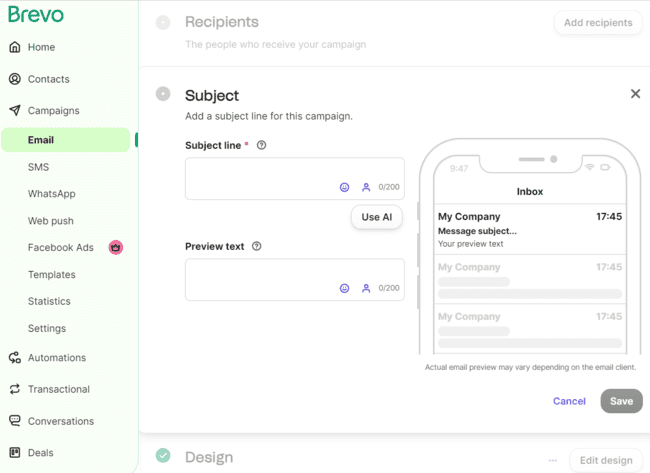 adding a subject line when you create a newsletter in Brevo