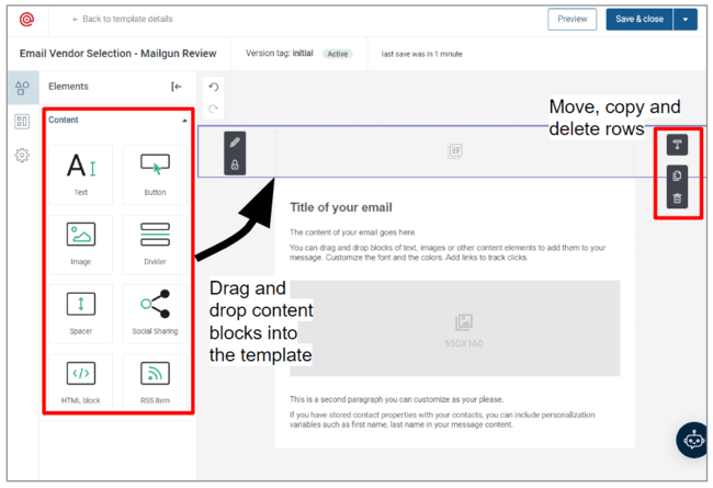 adding and moving content in Mailgun’s transactional email template editor