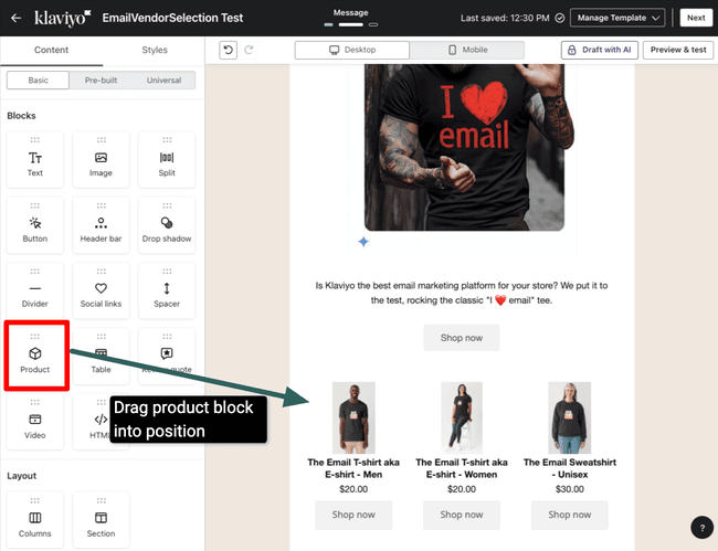 adding products to a Klaviyo email