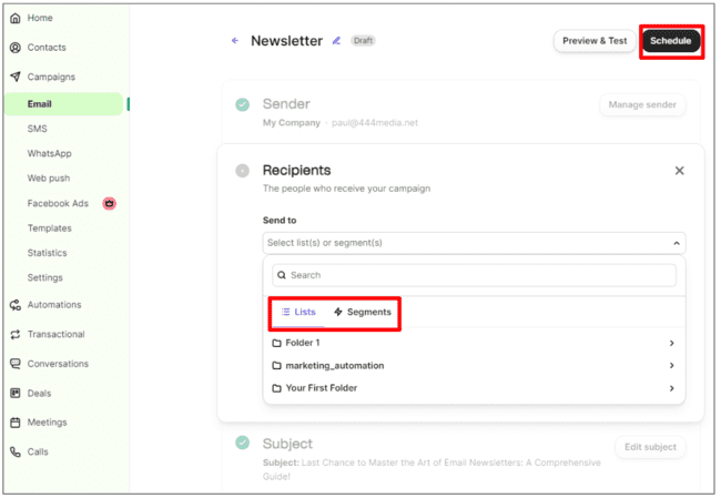 adding recipients and scheduling sending of email campaigns