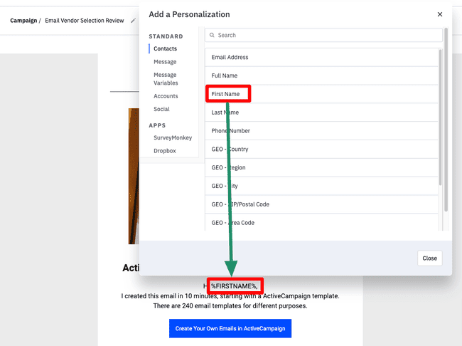 añadir datos para la personalización a las campañas de correo electrónico en activecampaign