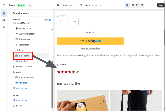 añadir valoraciones con estrellas de Omnisend a una página de producto de Shopify
