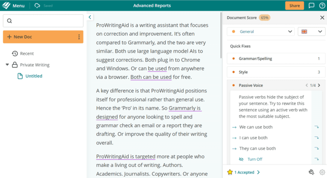 análisis de documentos de ProWritingAid