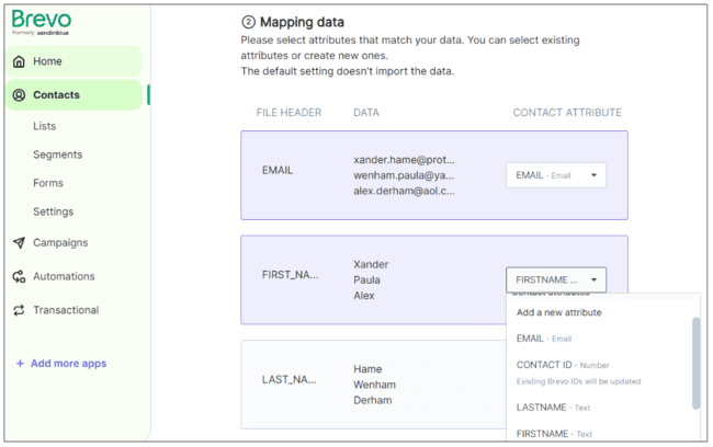 asignación de datos tras importar contactos en Brevo