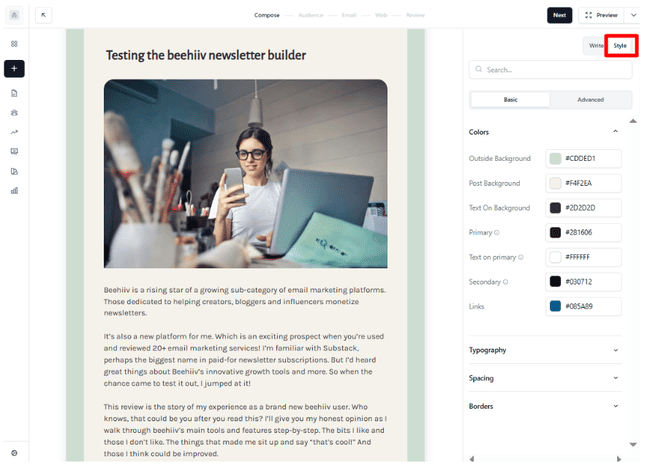 beehiiv newsletter editor styling options