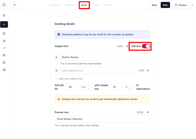 beehiiv subject line A:B test