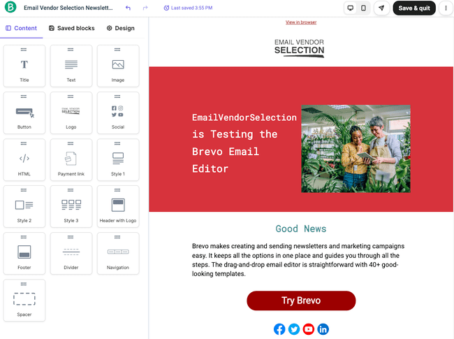 bloques de contenido del editor de correo electrónico de la reseña de Brevo