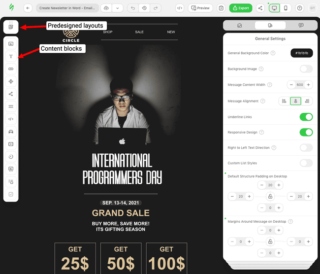 bloques de contenido en el editor de email de Stripo