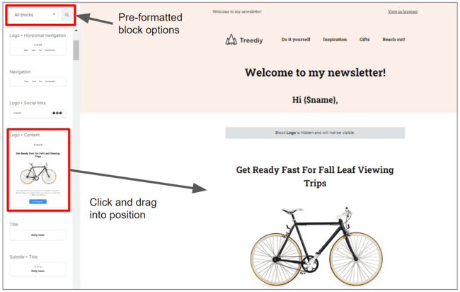 bloques de contenido pre formateados en el editor de MailerLite
