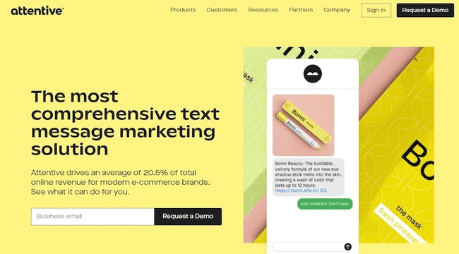 captura de tela da página inicial do Attentive