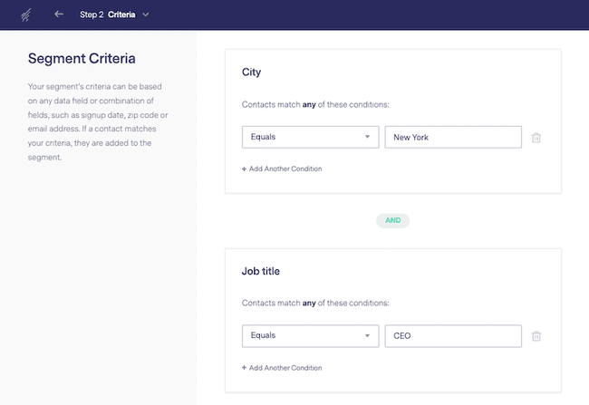 captura de tela da segmentação na Benchmark Email