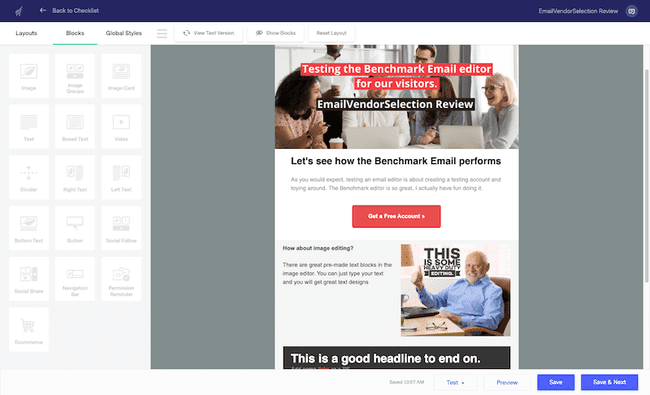 captura de tela do editor da ferramenta de e-mail económica da Benchmark Email
