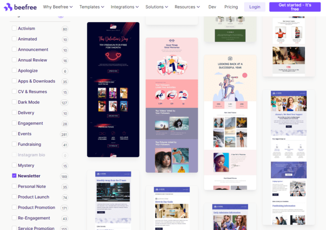 catálogo de plantillas de email de Beefree
