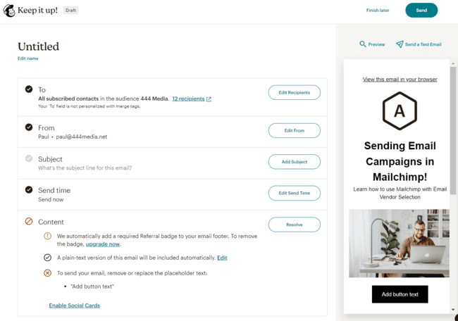 configuración de la campaña de correo electrónico de Mailchimp