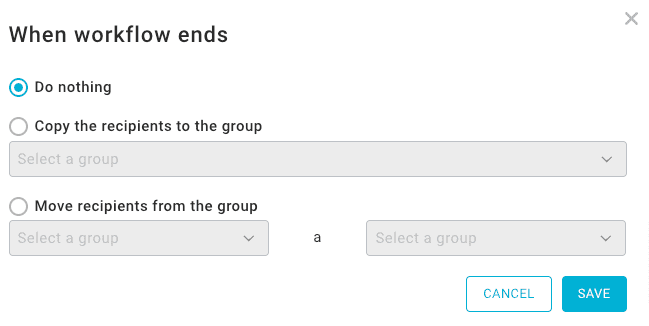 configuración de lo que sucede al finalizar el flujo de trabajo en Mailup