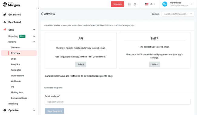 configuración del servicio API de email transaccional de Mailgun