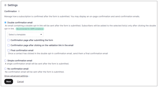 configurações de confirmação de registro da Brevo
