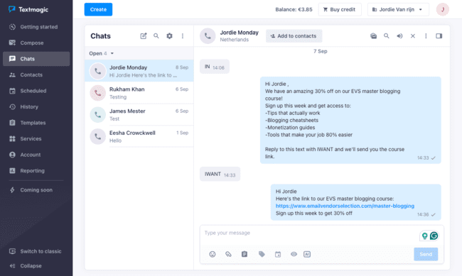 conversación de chat por mensajes de texto SMS Reseña de Textmagic