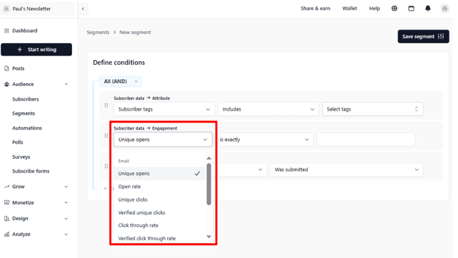 creación de segmentos con datos de interacción en beehiiv