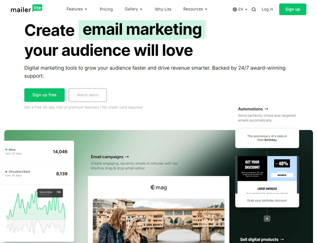 creador gratuito MailerLite para crear boletines informativos escolares
