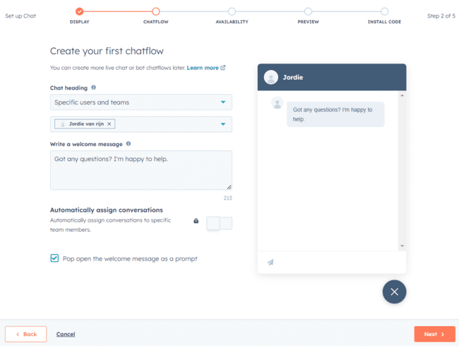 creating a chatflow in Hubspot CRM