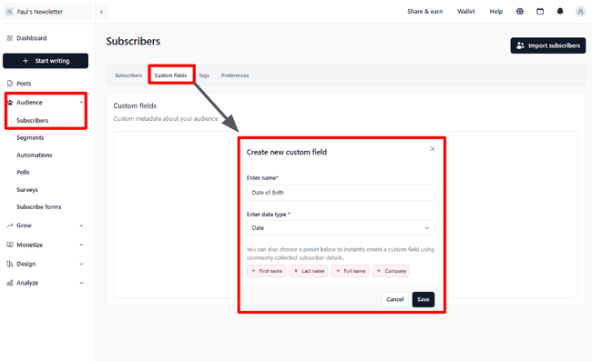 creating a new custom field for subscribers in beehiiv