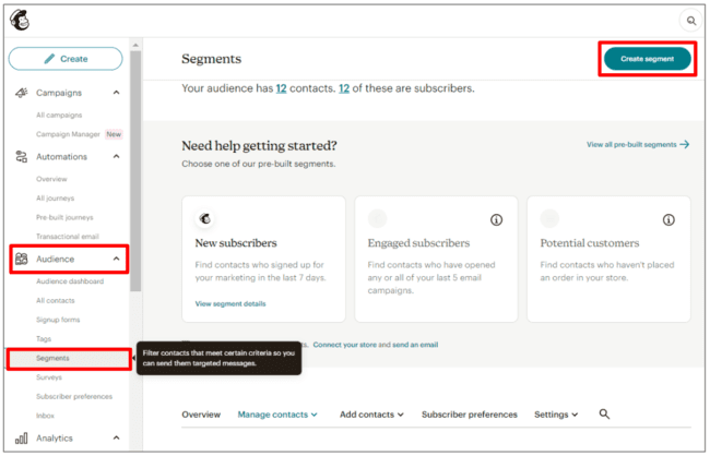creating a segment in Mailchimp for email marketing campaigns