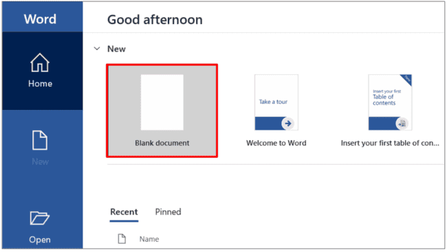 creating a blank document in Microsoft Word