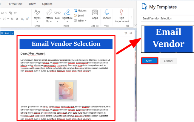 creating an Outlook template by copying and pasting a design from the email editor into the My Templates dialog box